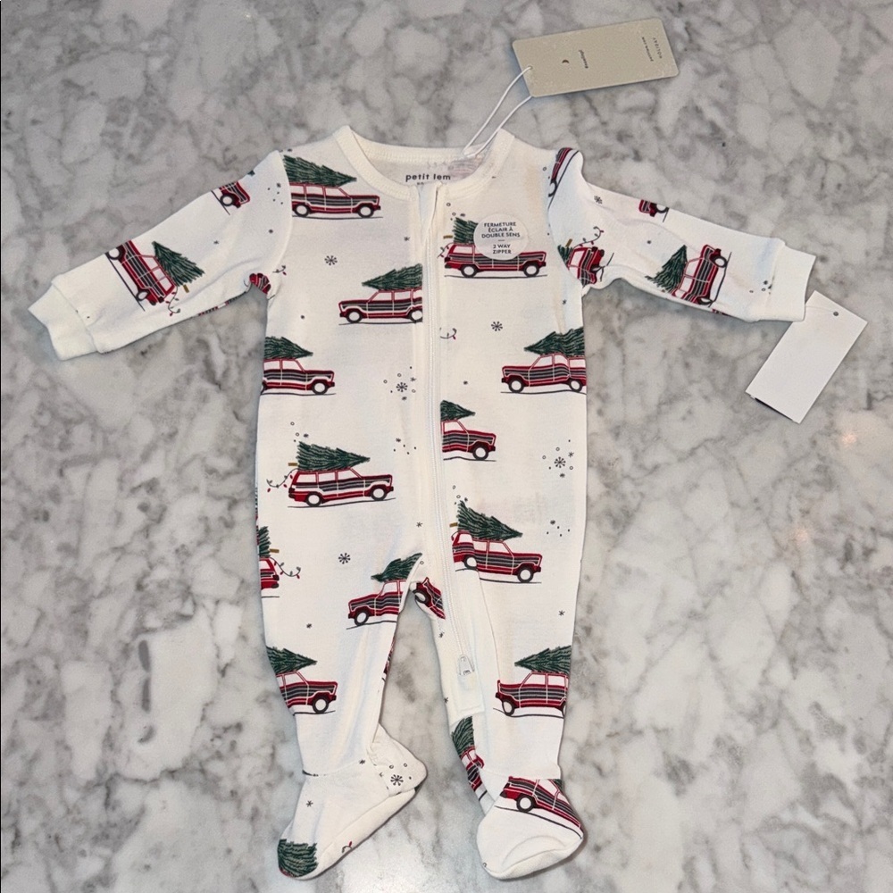 NWT Petit Lem White & Red Footie with Car and Tree Print